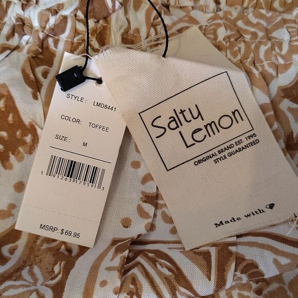 Salty Lemon Brown White Geometric Print Strapless Maxi Tiered Dress Large NWT - Picture 6 of 16